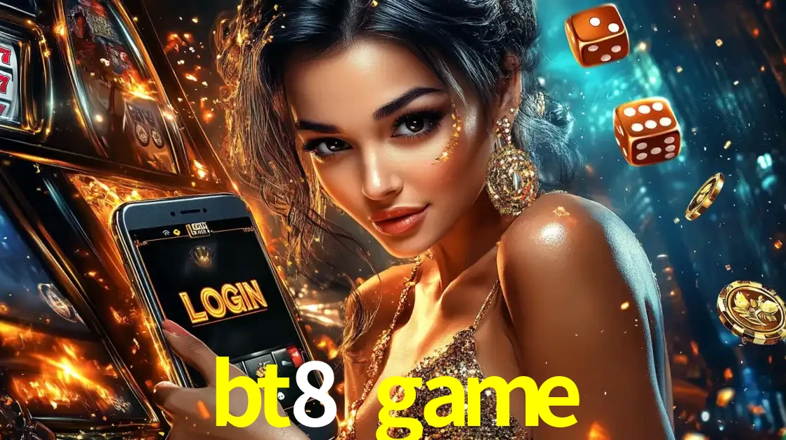 Mulher glamourosa segurando um celular com a tela de login do cassino bt8 game, rodeada por dados e moedas douradas, pronta para começar a diversão.