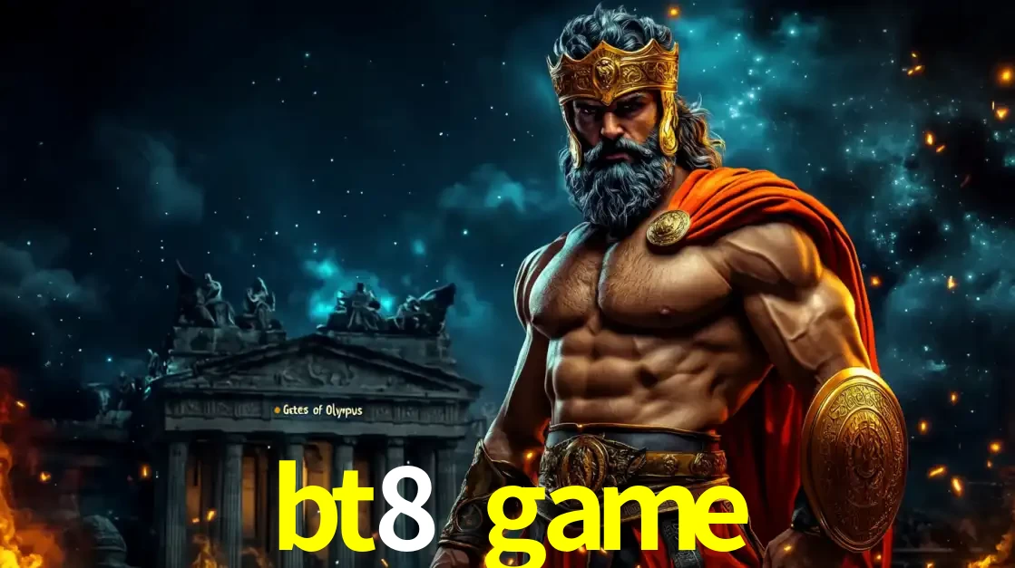 O poderoso Zeus do jogo de slot Gates of Olympus em frente ao seu templo, pronto para lançar multiplicadores divinos e prêmios épicos no cassino online bt8 game.