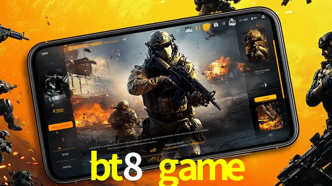 Um smartphone exibindo a interface de um jogo de tiro em primeira pessoa, com um soldado em um cenário de batalha, representando a ação dos e-sports para apostar no bt8 game.