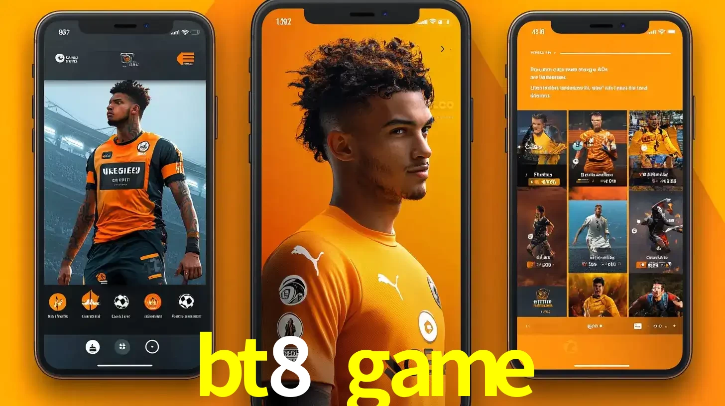 Interface do aplicativo de apostas esportivas bt8 game em três telas de celular, mostrando o perfil de um jogador de futebol e a lista de jogos disponíveis para apostar.