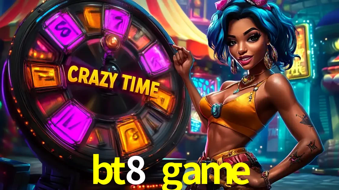 Mulher estilizada com cabelo azul e visual vibrante posando ao lado da roda de prêmios do game show Crazy Time, convidando para a diversão e os bônus do cassino bt8 game.