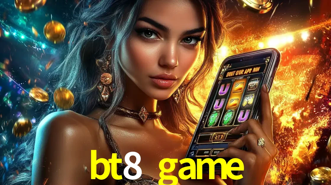 Mulher elegante mostrando um jogo de caça-níqueis em seu smartphone, destacando a experiência de cassino móvel oferecida pelo aplicativo bt8 game.
