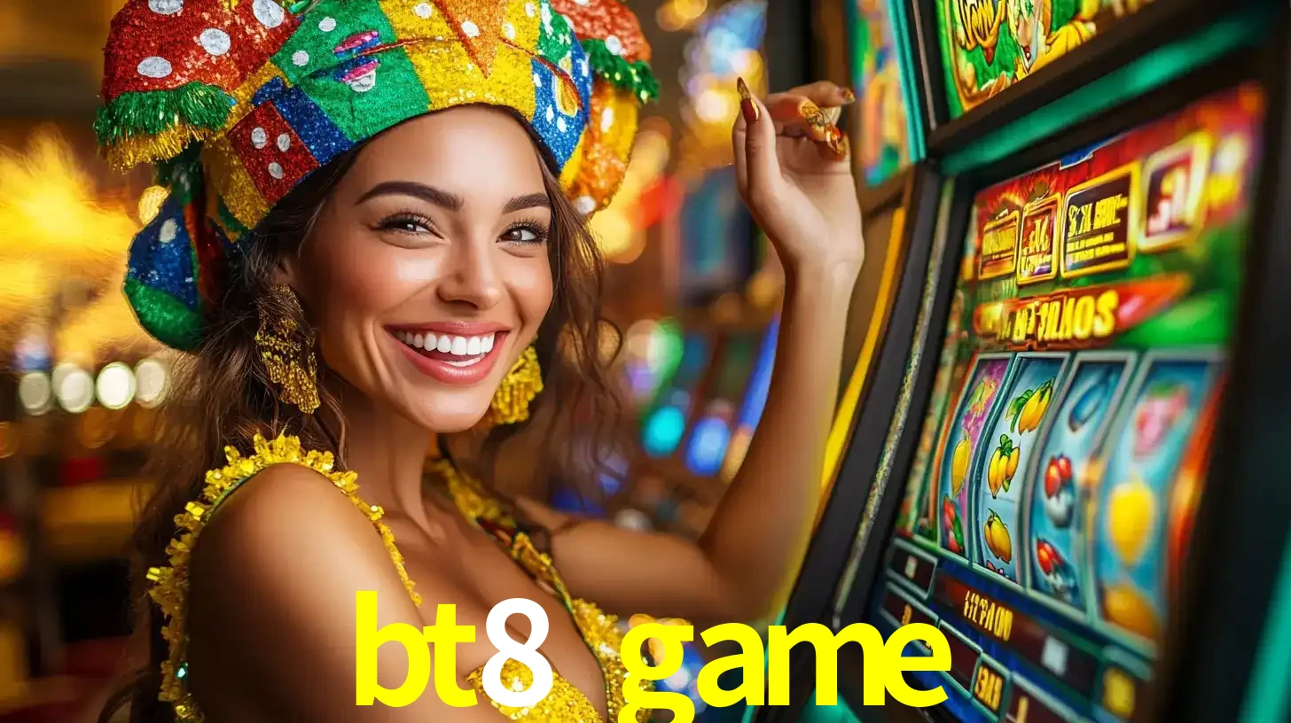 Mulher feliz com traje de carnaval amarelo e colorido ao lado de uma máquina de caça-níqueis, aproveitando a diversão e os jogos temáticos do cassino bt8 game.